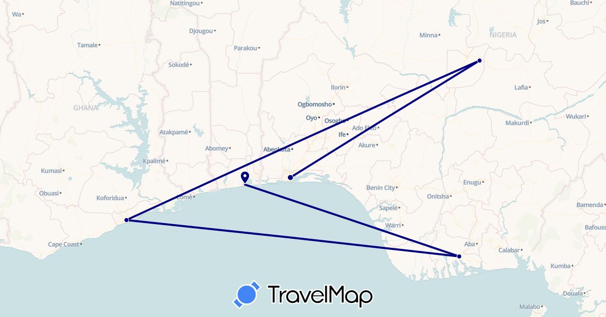 TravelMap itinerary: driving in Benin, Ghana, Nigeria (Africa)